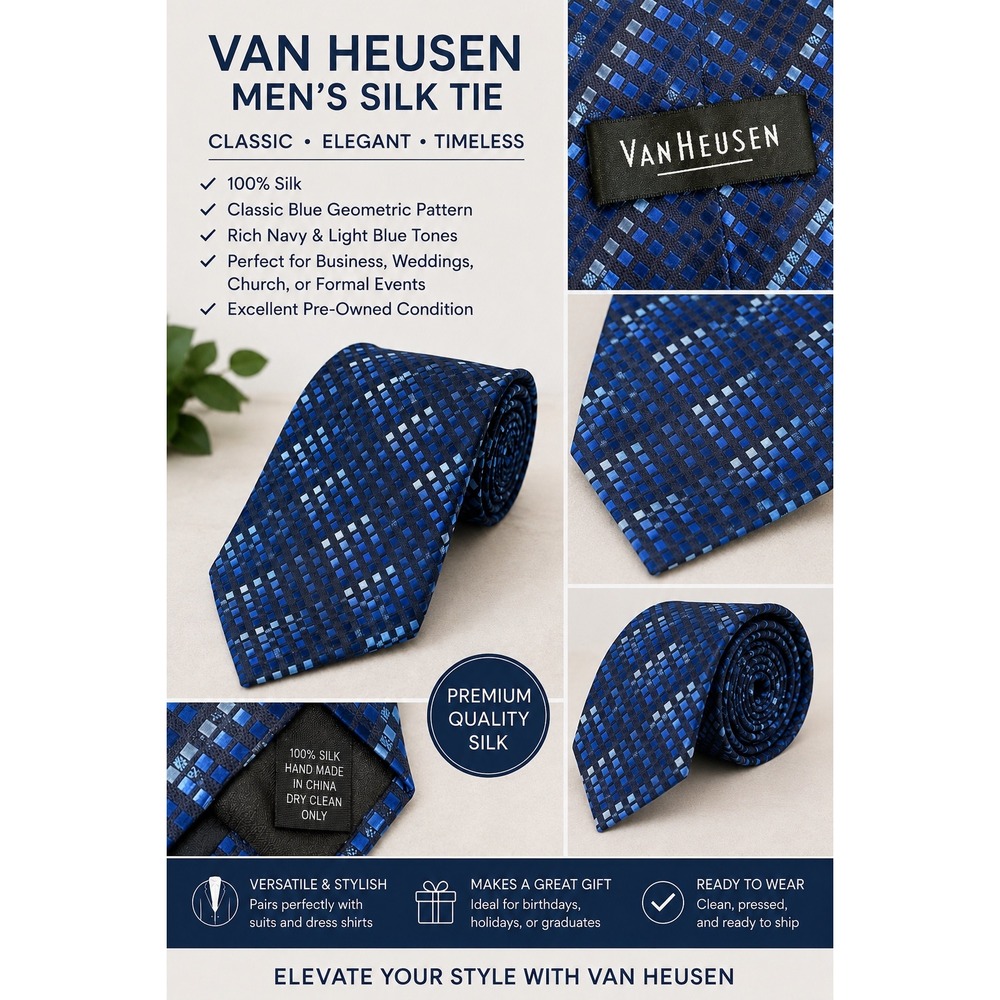 Van Heusen Mens Silk Tie Blue Geometric Pattern Navy Formal Business Necktie